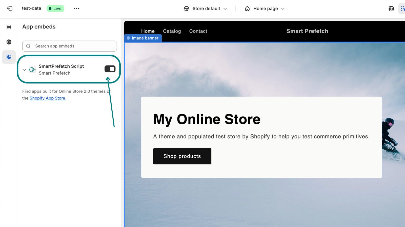 How to enable Smart Prefetch app embed in Shopify Theme Customizer
